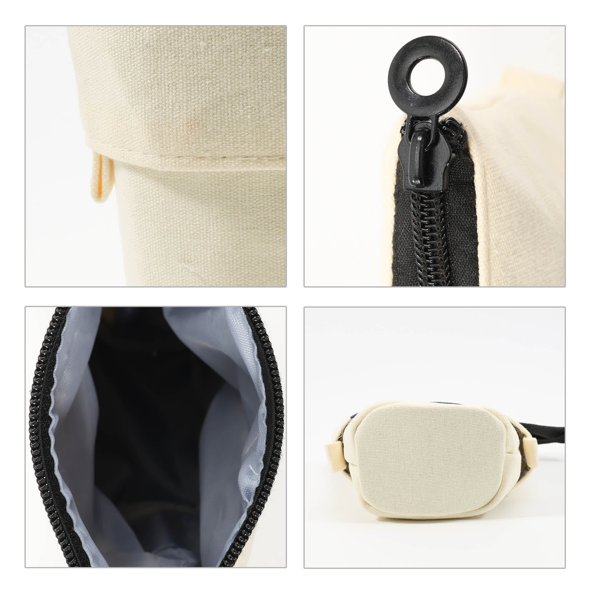 A cream canvas expandable pencil case featuring a zip closure and an attached loop for easy carrying.