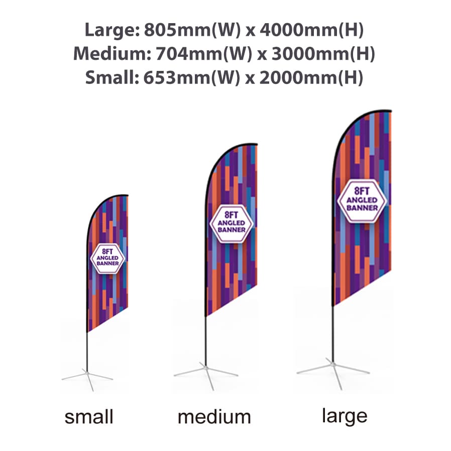 A promotional large angled feather banner, featuring vibrant multicoloured patterns, with a logo at the top.