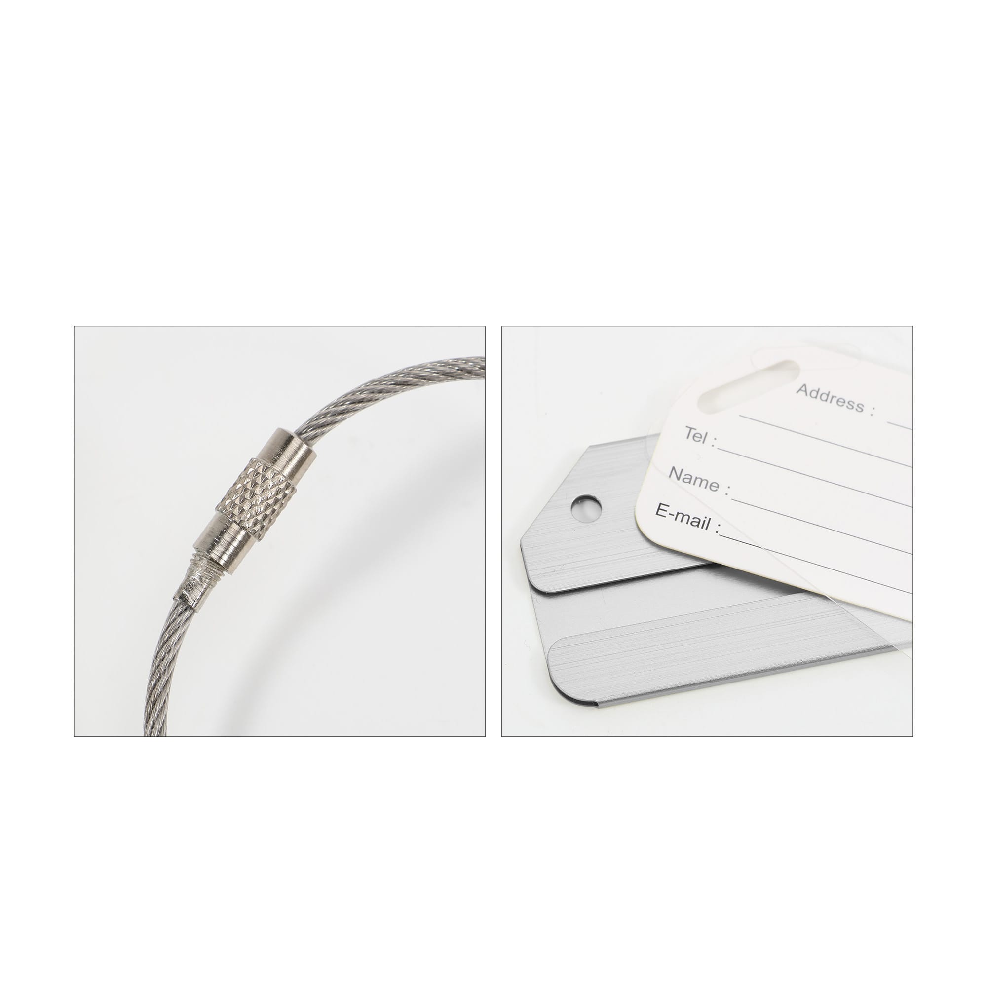 A square brushed aluminium luggage tag set in silver, featuring a durable metal cable and identification cards.