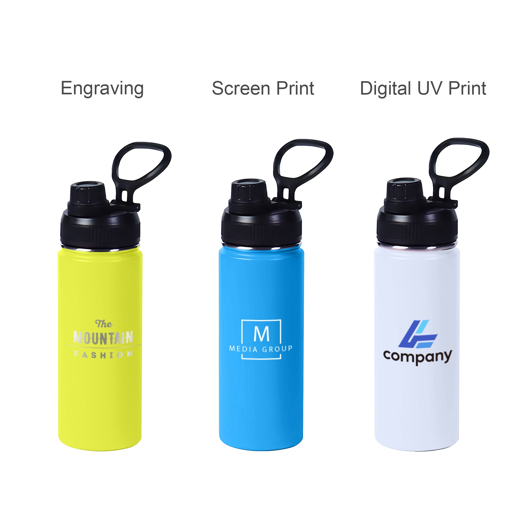 A drink bottle in vibrant yellow, blue, and white, featuring carry handles and a logo on each bottle.