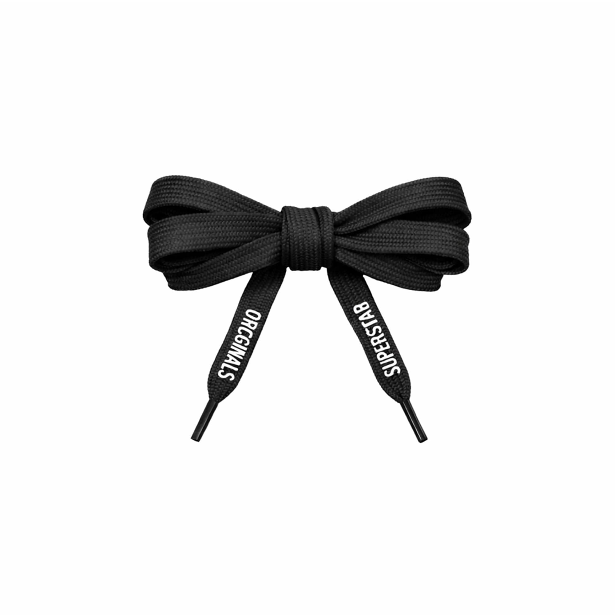 A set of black custom shoe laces tied in a bow, featuring branding on the lace ends.