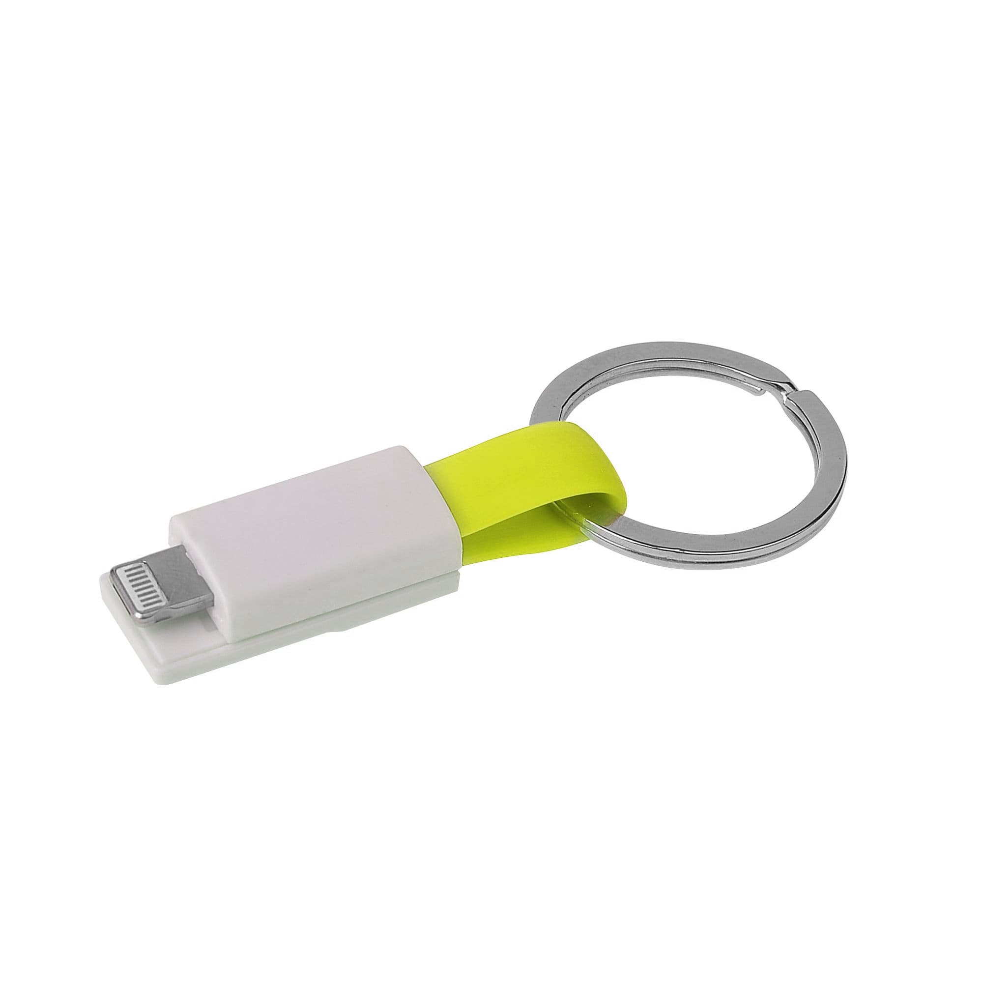 A white magnetic charging cable with a yellow keyring attachment, featuring a silver metal ring.