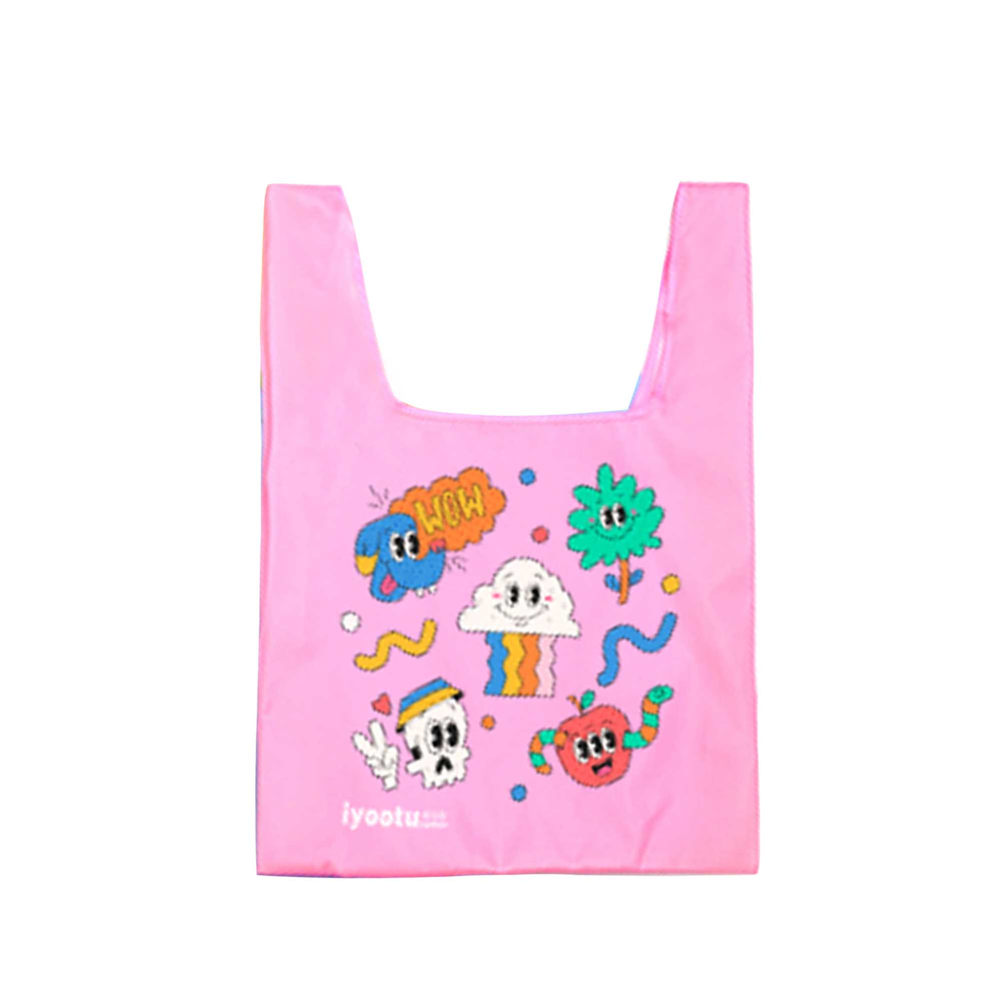 A pink reusable foldaway shopping bag featuring colourful designs with playful characters and a logo.