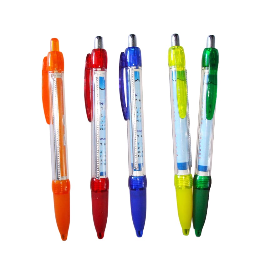 A selection of plastic pens in orange, red, blue, green, and yellow, featuring clear barrels and a logo.