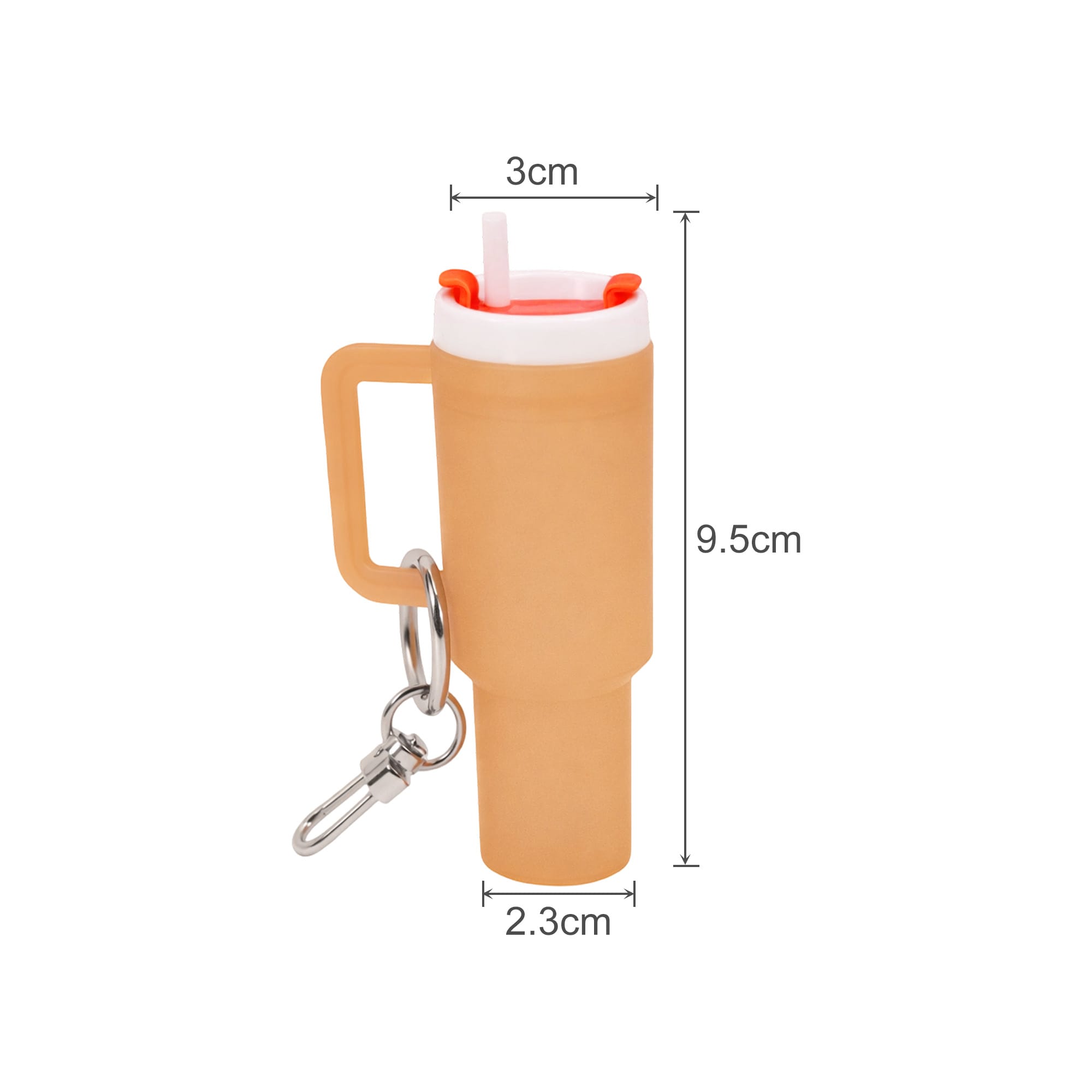 A drink bottle keyring in orange with a straw and handle, featuring a silver keyring clip and logo.