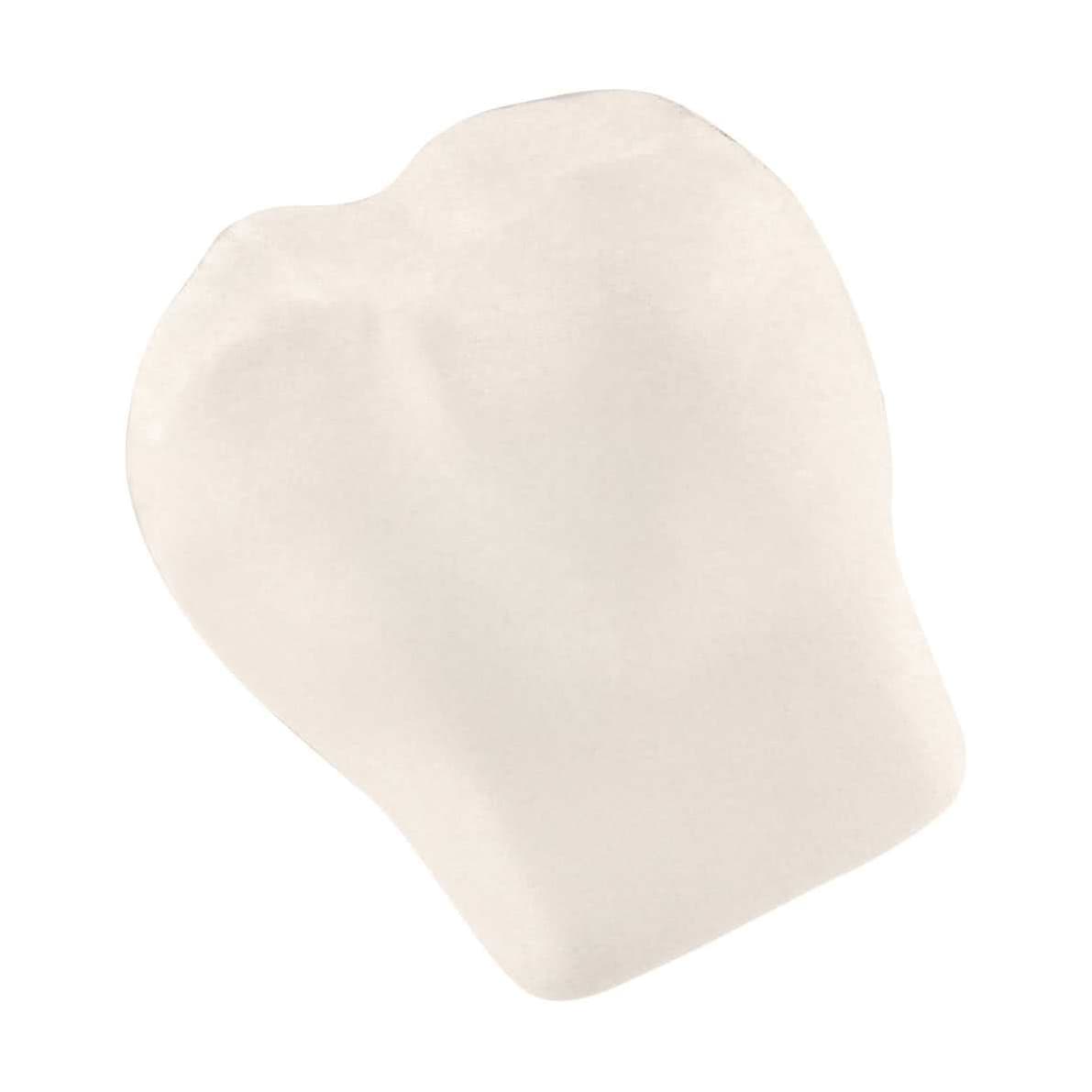 A white, shaped stress reliever resembling a tooth, featuring a smooth surface and an embedded logo.