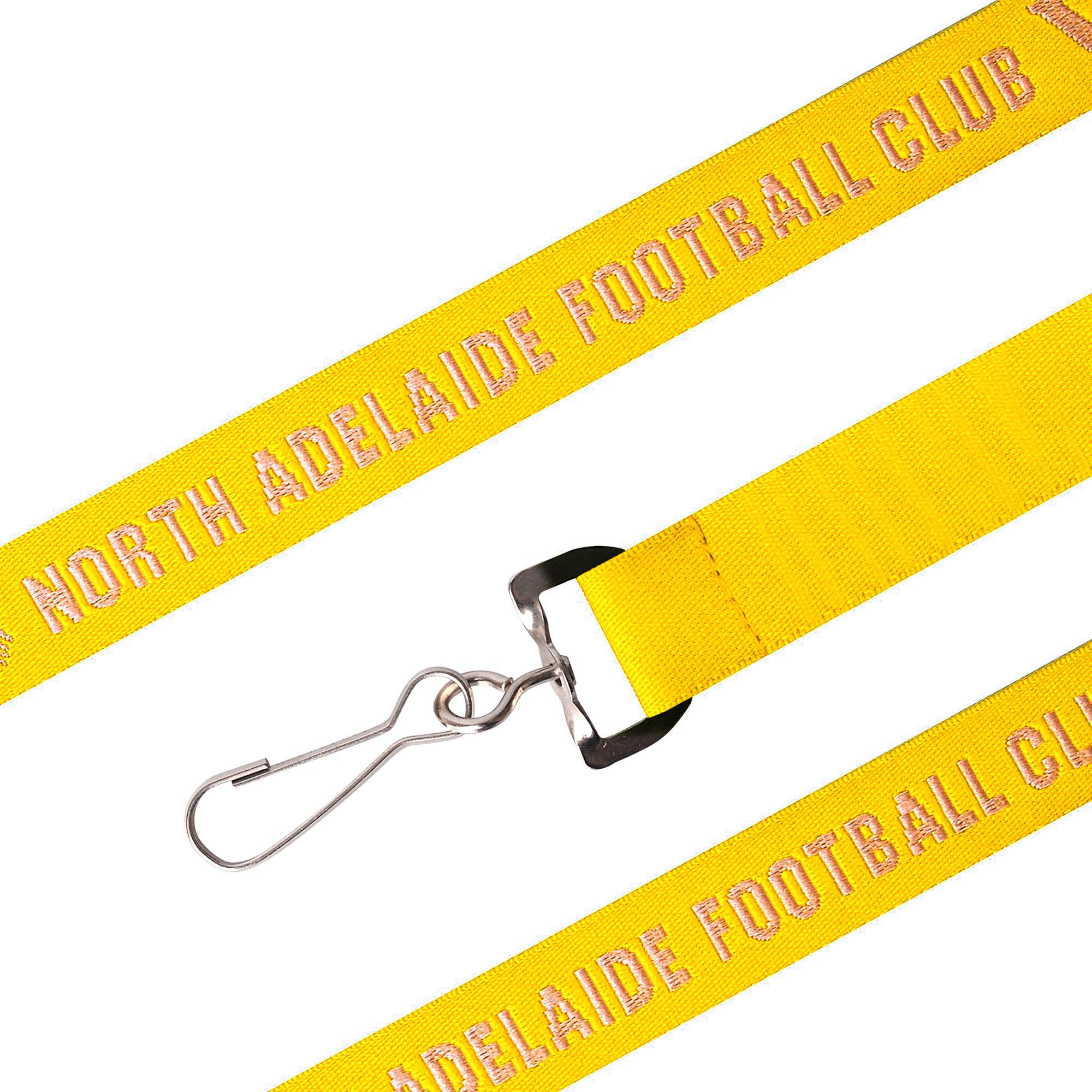 A yellow woven lanyard with a metal clip and a branding logo.