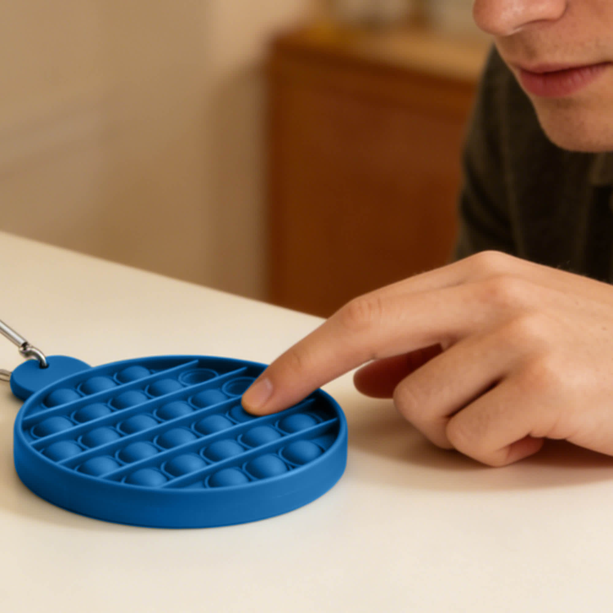 A blue Round Pop Bubble Board with multiple bubbles, being touched by a person's finger. It features a keychain attachment.