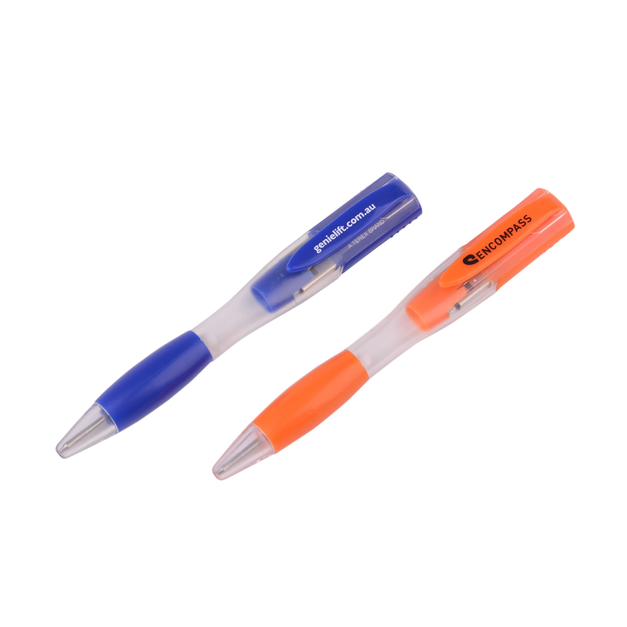 A blue and orange ballpoint pen flash drive, featuring transparent bodies and a branding logo on the orange pen.