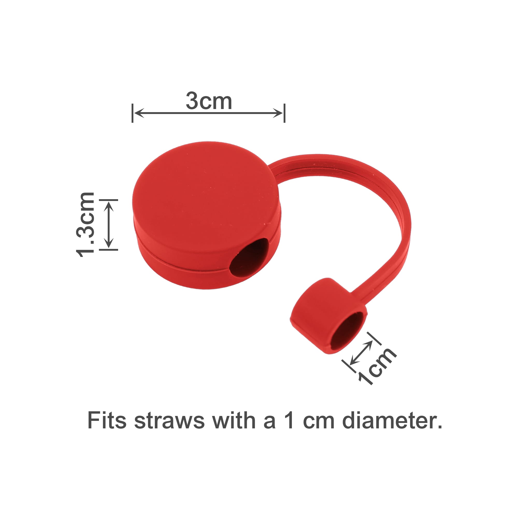 A round red silicone straw cover with two openings, designed to fit straws with a 1 cm diameter.