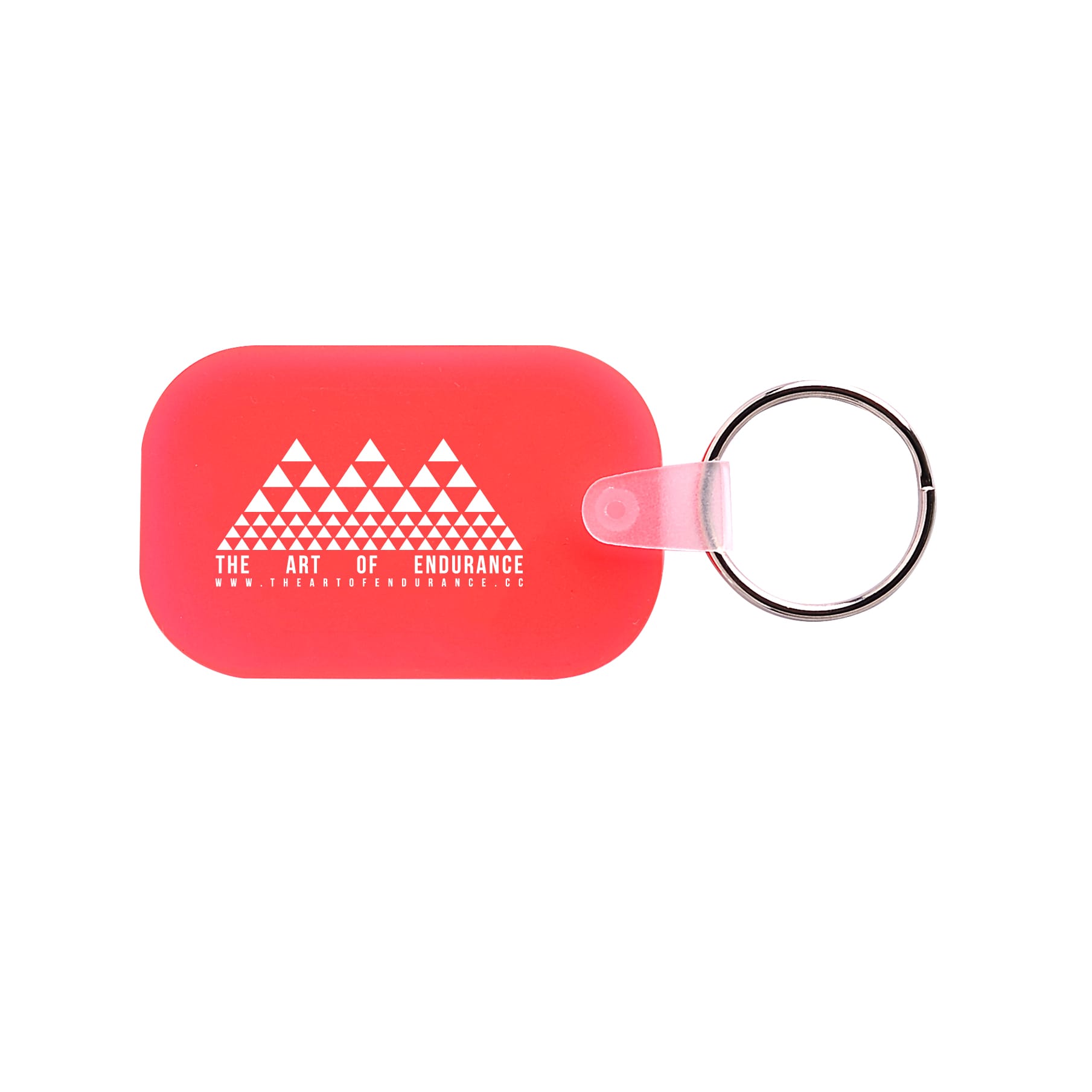 A red, oblong keyring with a silver keychain attachment and a logo featuring geometric shapes.