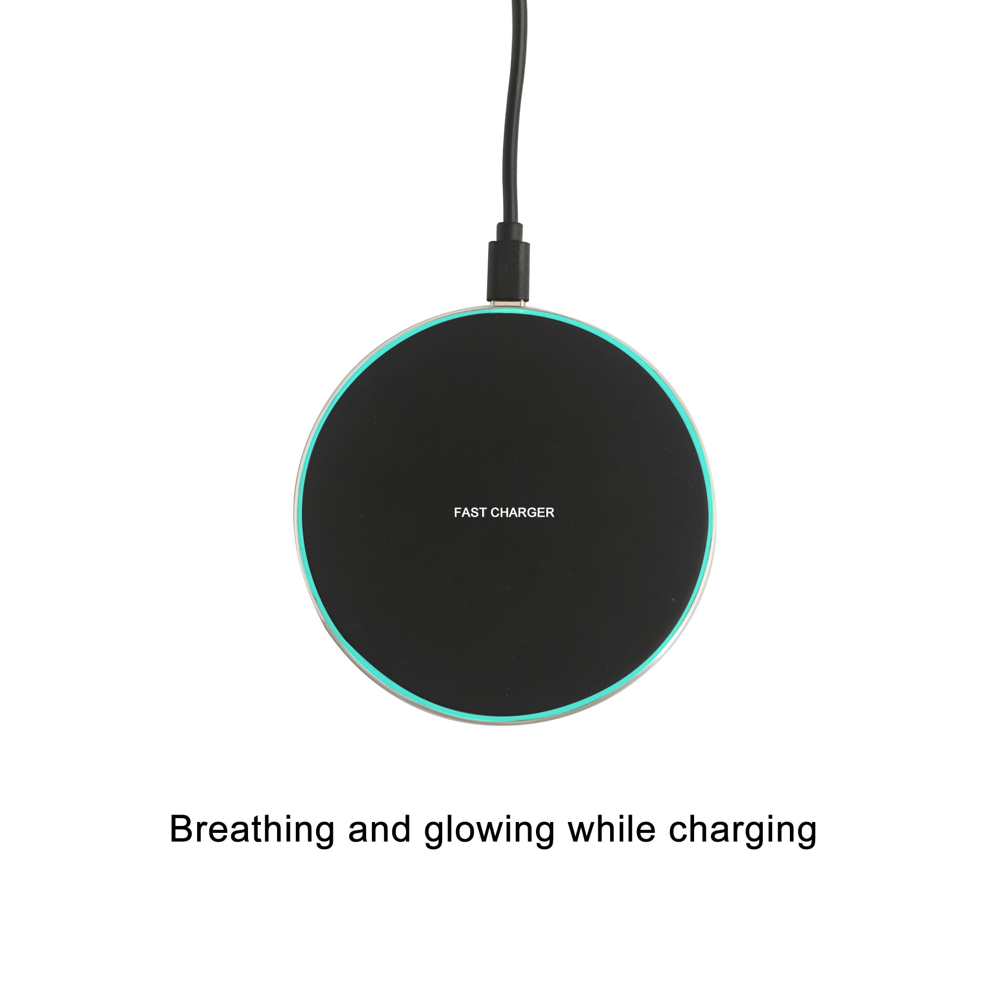 A round, black wireless charger with a glowing edge, connected to a power source. It features a logo.