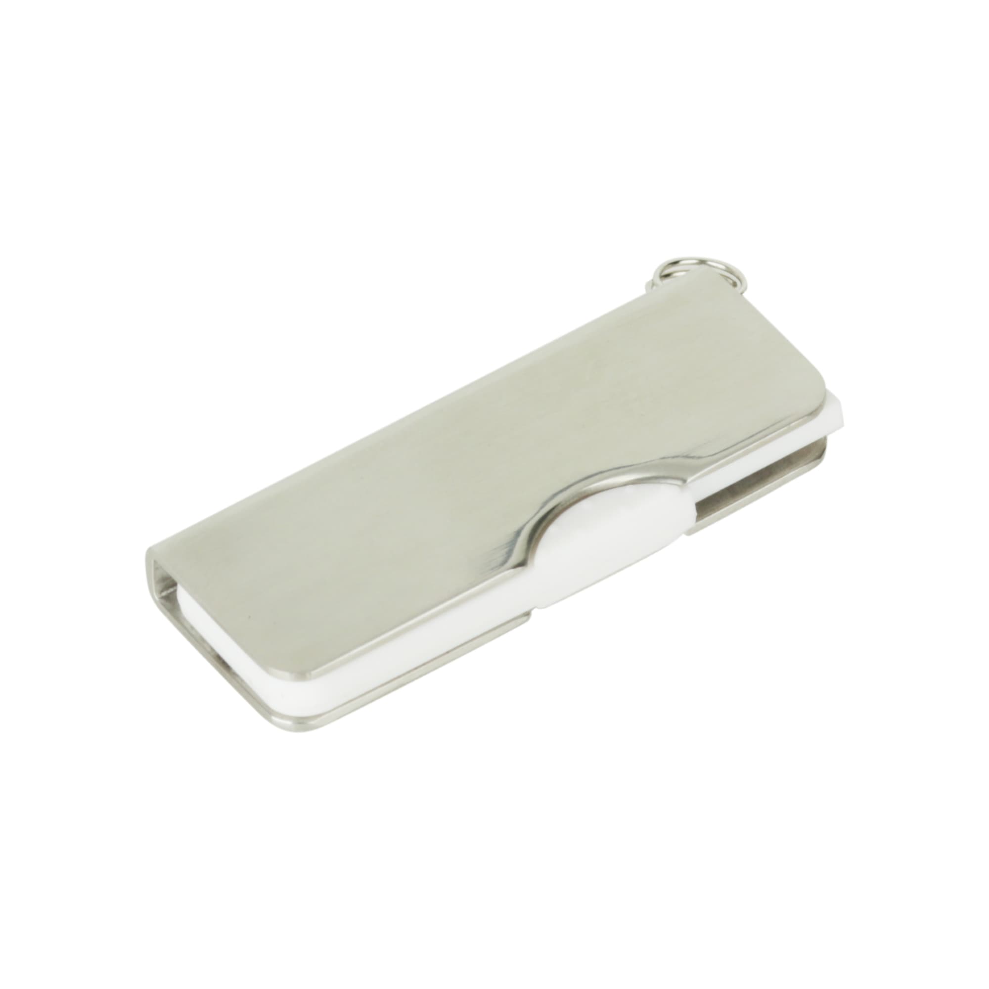 A silver alloy flash drive featuring a swivel mechanism and a small ring for attachment.