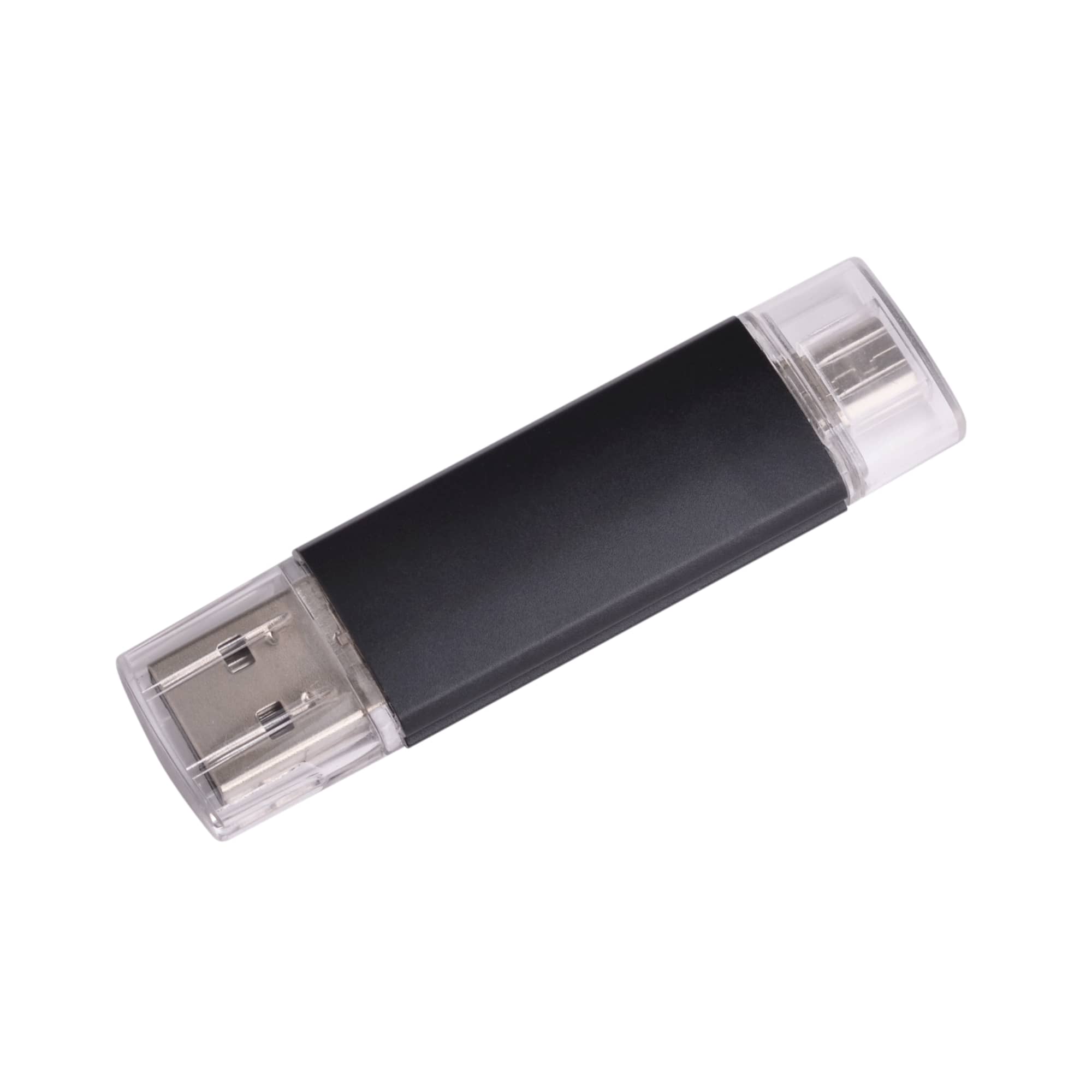 A black double-end flash drive with clear ends, featuring a logo on its surface.