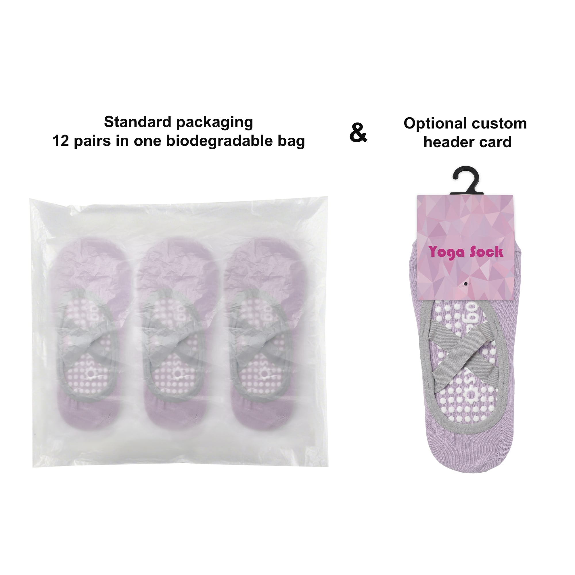 A biodegradable bag containing 12 pairs of grey and lavender Yoga Socks, with an optional custom header card displayed.