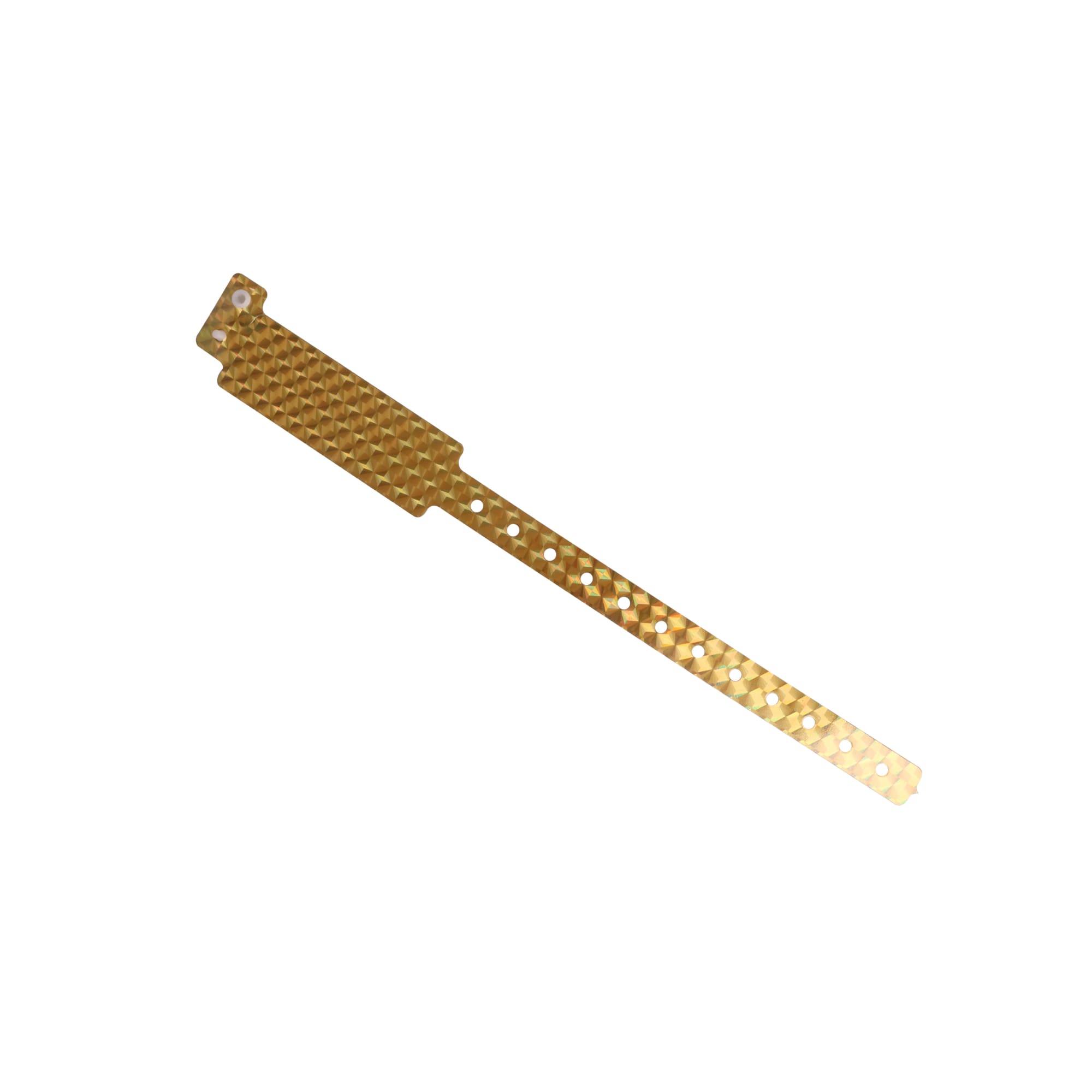 A gold holographic PVC wristband featuring a textured design, with a section for fastening.