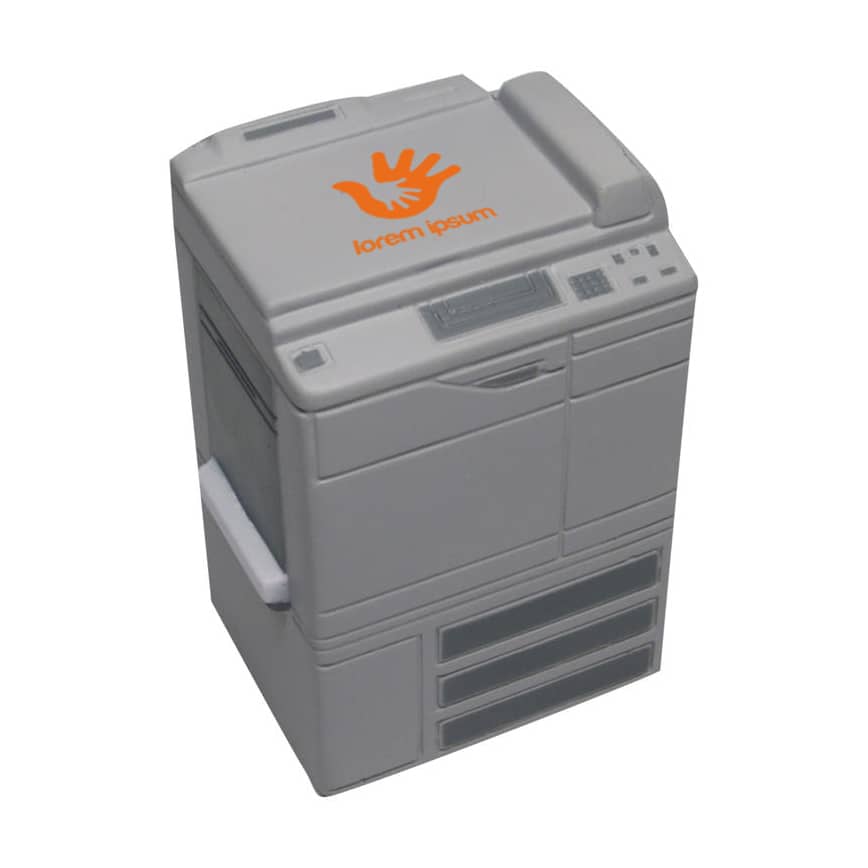 A grey photocopier shaped stress reliever with a logo on top, featuring various buttons and drawers.