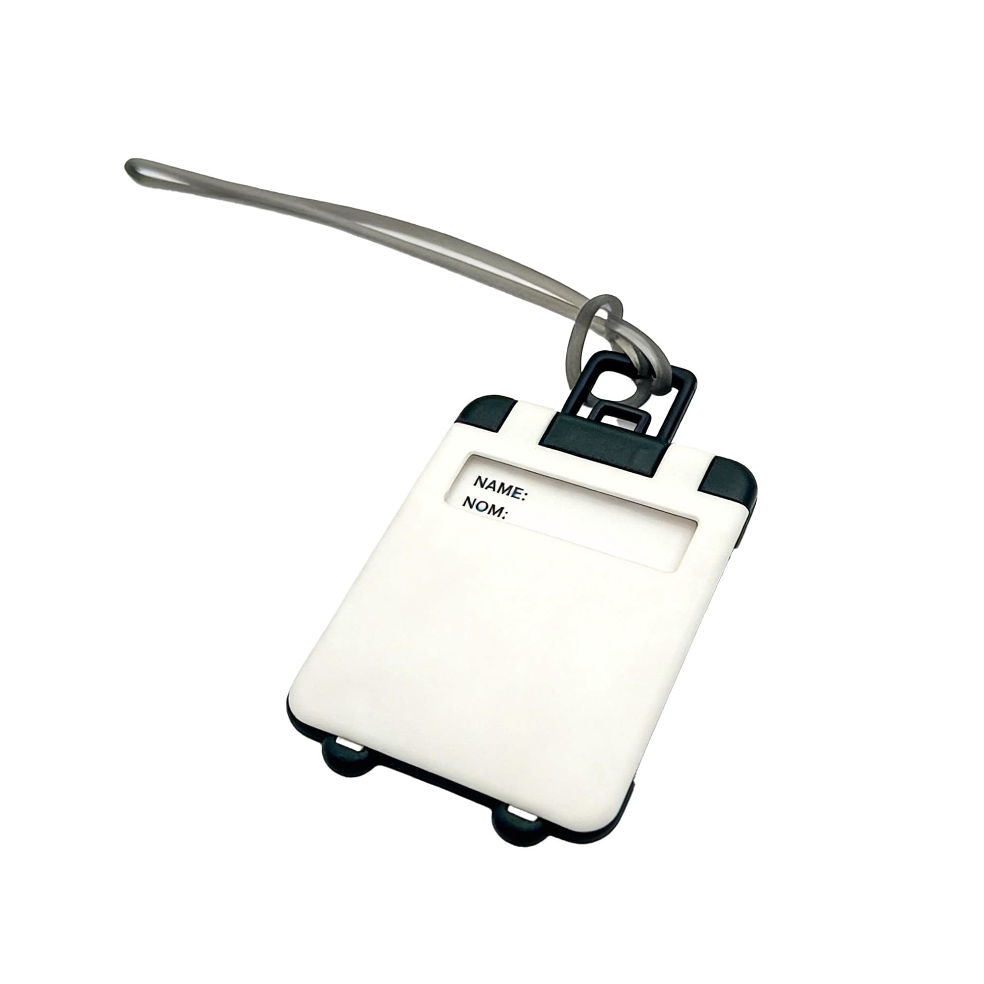A white ABS luggage tag with a black border and a clear loop attachment. It features a name display area.