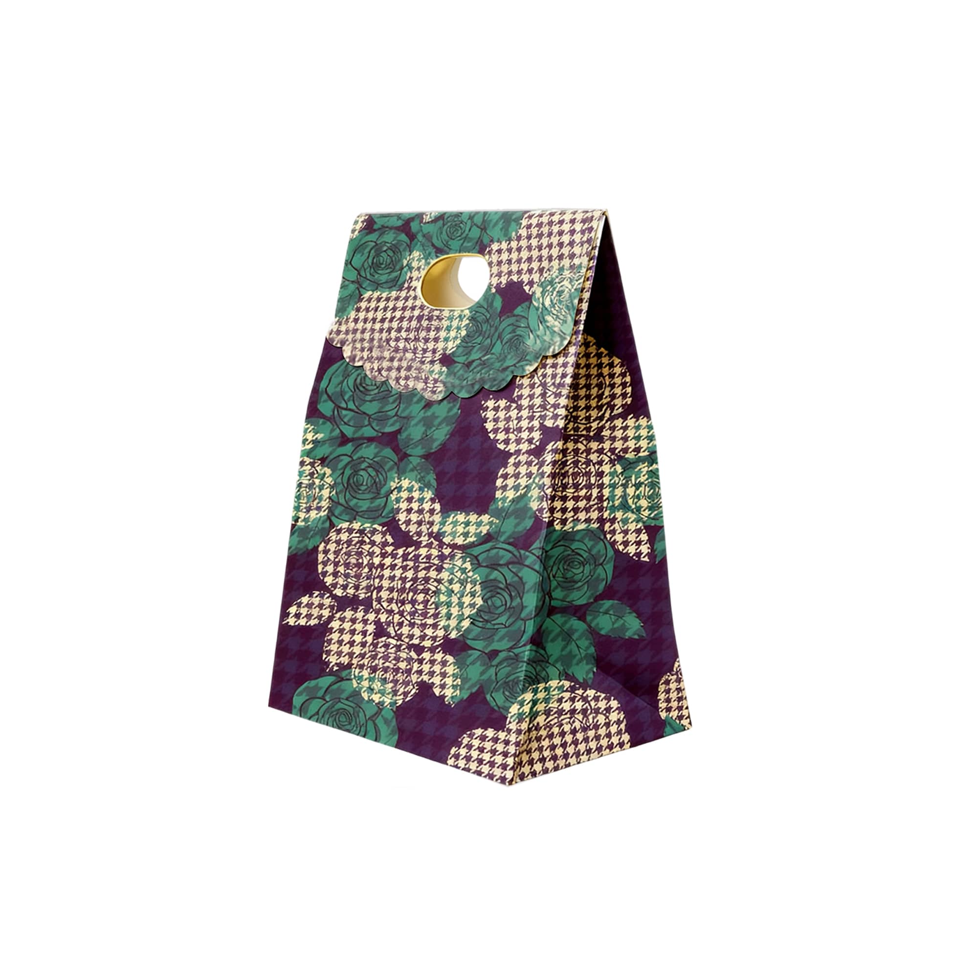A die-cut handle bag with flap, featuring a floral and houndstooth pattern in purple, green, and cream colours.