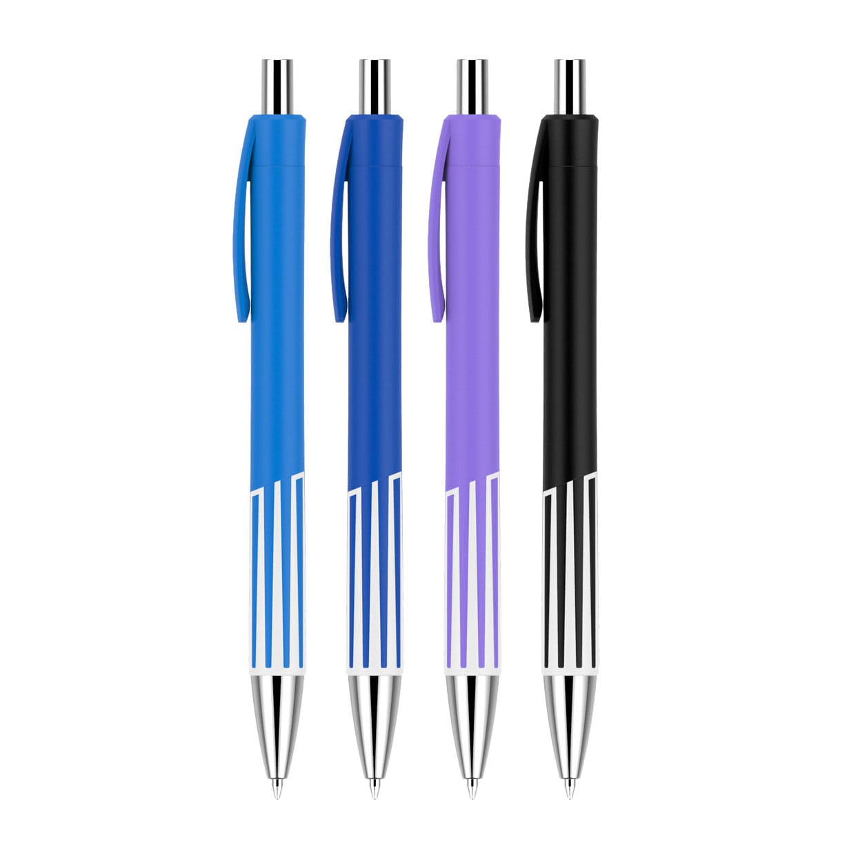 Four plastic pens with colourful barrels in blue, purple, and black, featuring silver accents and a logo.
