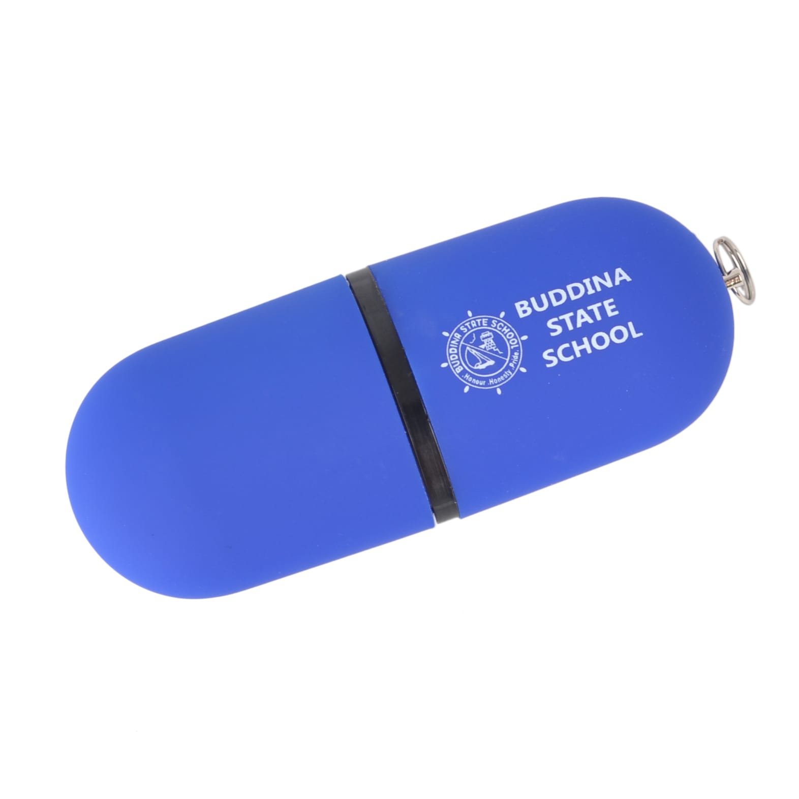 A blue flash drive with a rounded design and a keychain attachment, featuring a logo on one side.