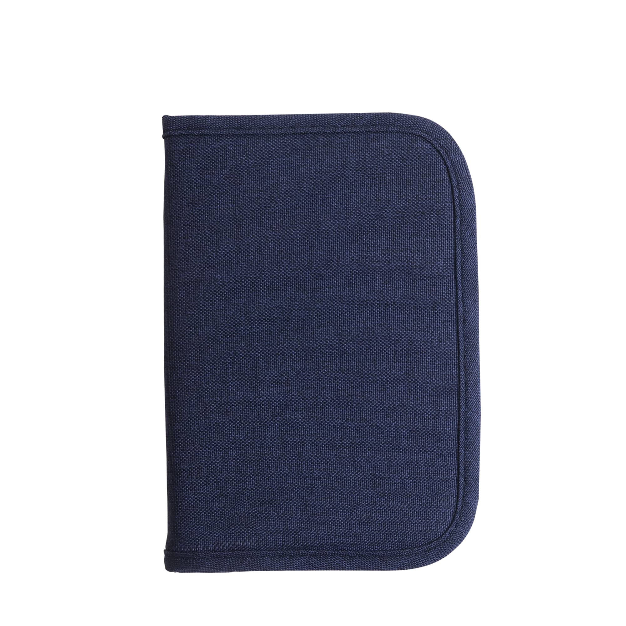 A navy blue passport holder with a textured fabric exterior and a zip-around closure.