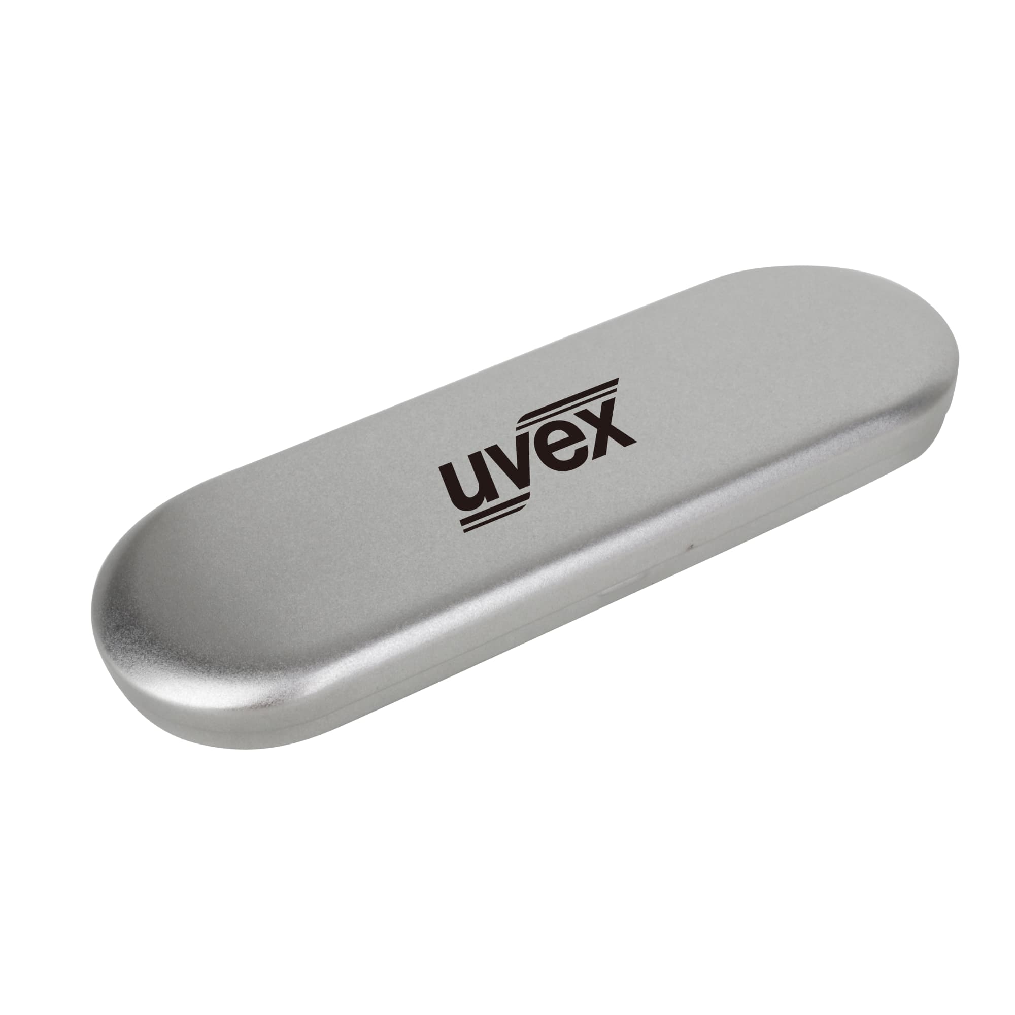 A silver tin with a black foam insert, featuring a logo on the lid, designed for pen packaging.