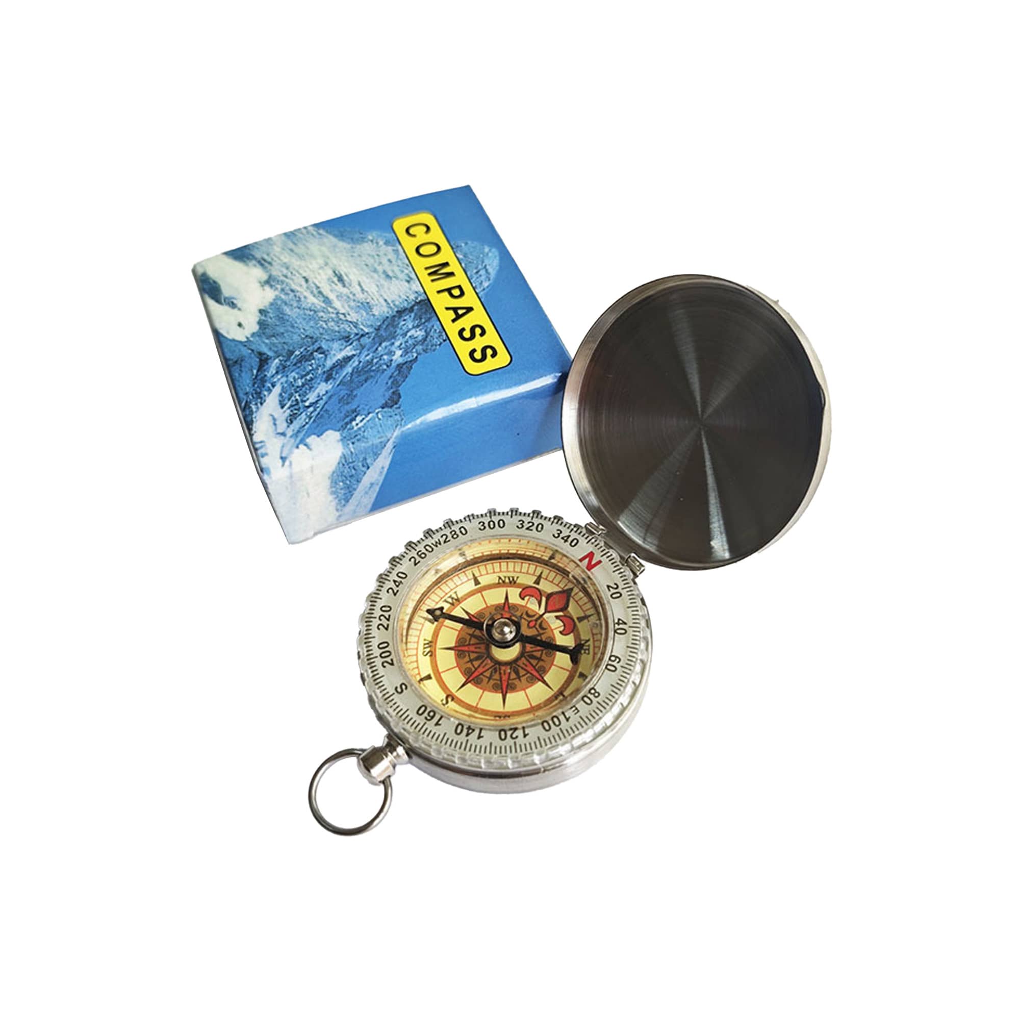 A silver compass with a circular design and a box featuring a mountain image, both in vibrant colours.