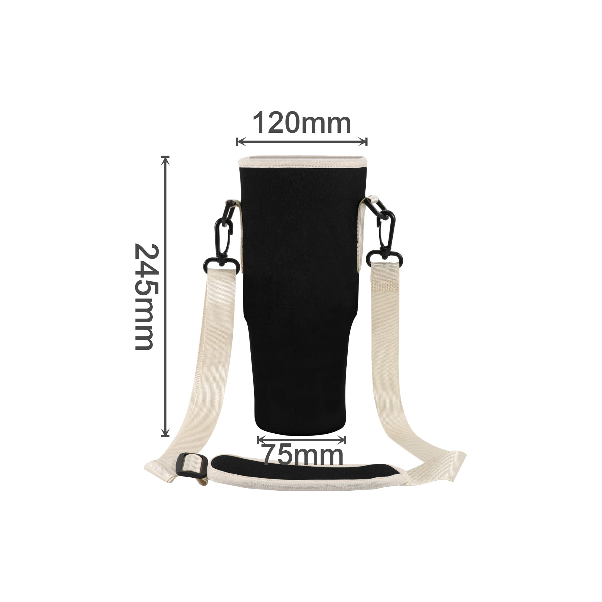 A drink bottle carrier bag in black with a removable strap and dimensions displayed prominently.