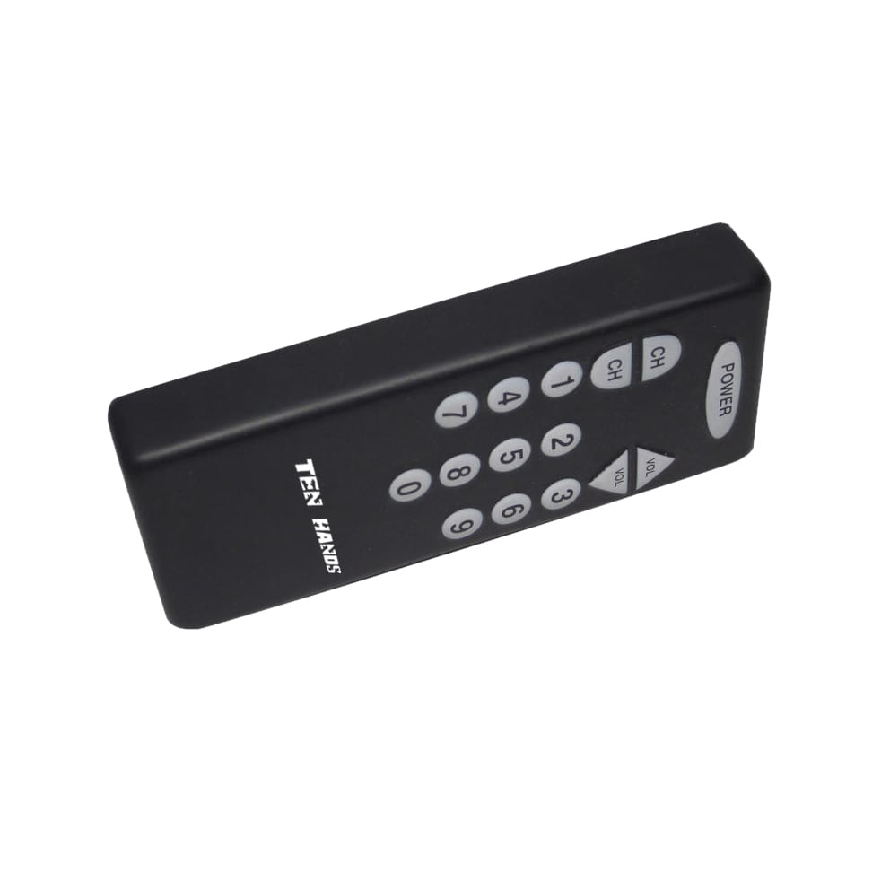 A black remote control shaped stress reliever with numbered buttons and a logo on it.
