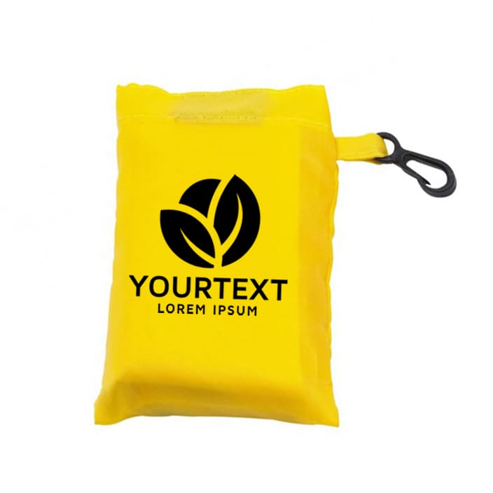 A compact yellow foldaway shopping bag with a clip, featuring a logo on the front.