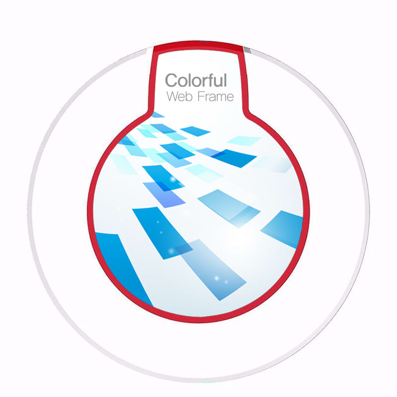 A vibrant wireless charger with a circular design featuring a mix of blue and white geometric shapes, outlined in red.