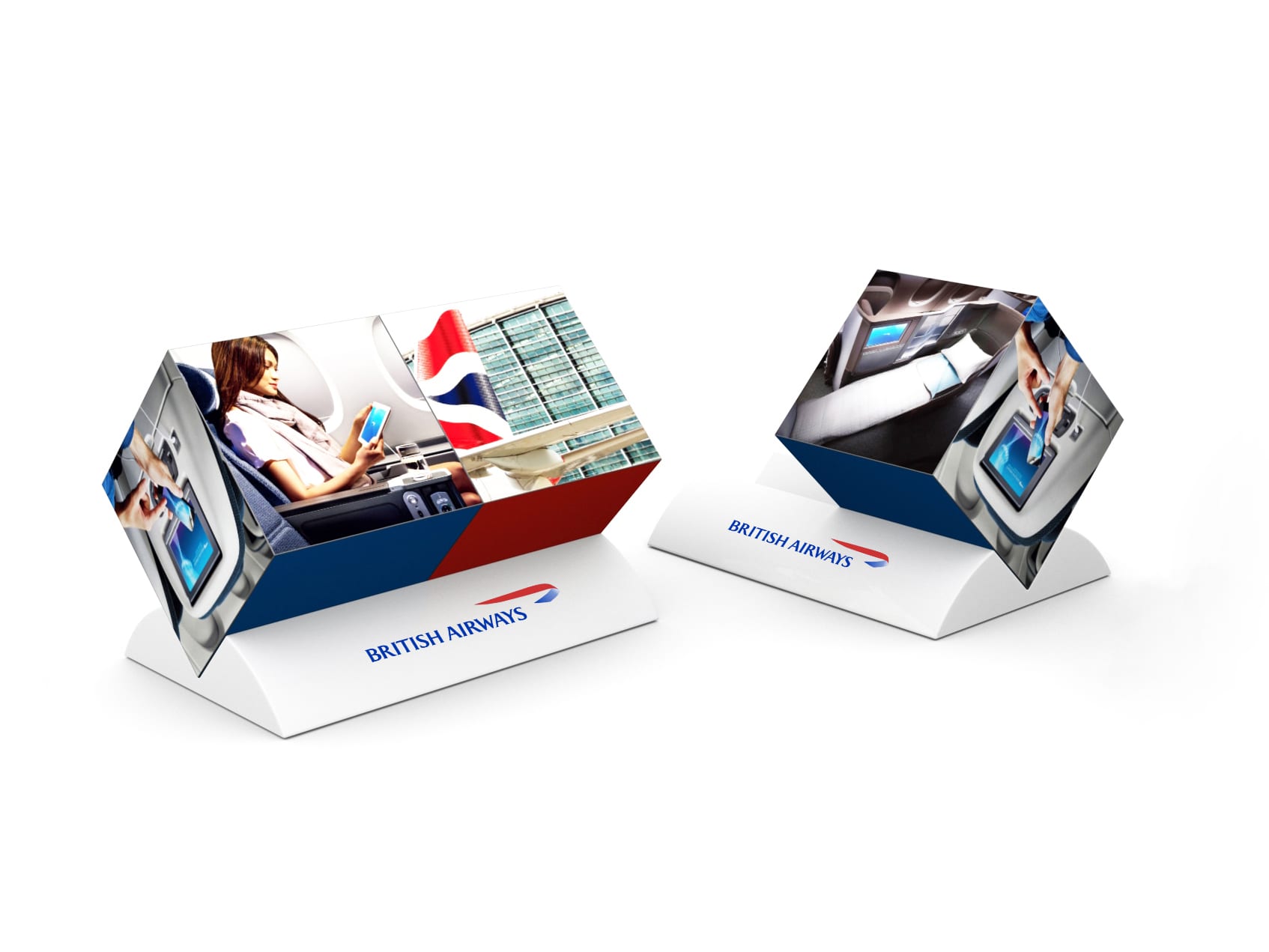 Two triangular promotional stands in red, white, and blue featuring images related to air travel, with branding present.