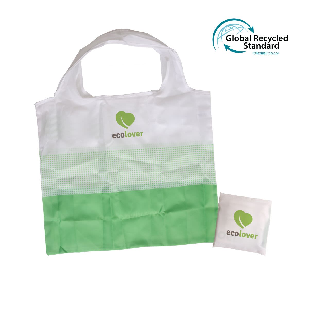 A green and white RPET fold-up shopping bag, displayed alongside its compact pouch, featuring a logo.