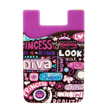 A purple silicone mobile phone pocket featuring a full-colour print with various playful text and designs.