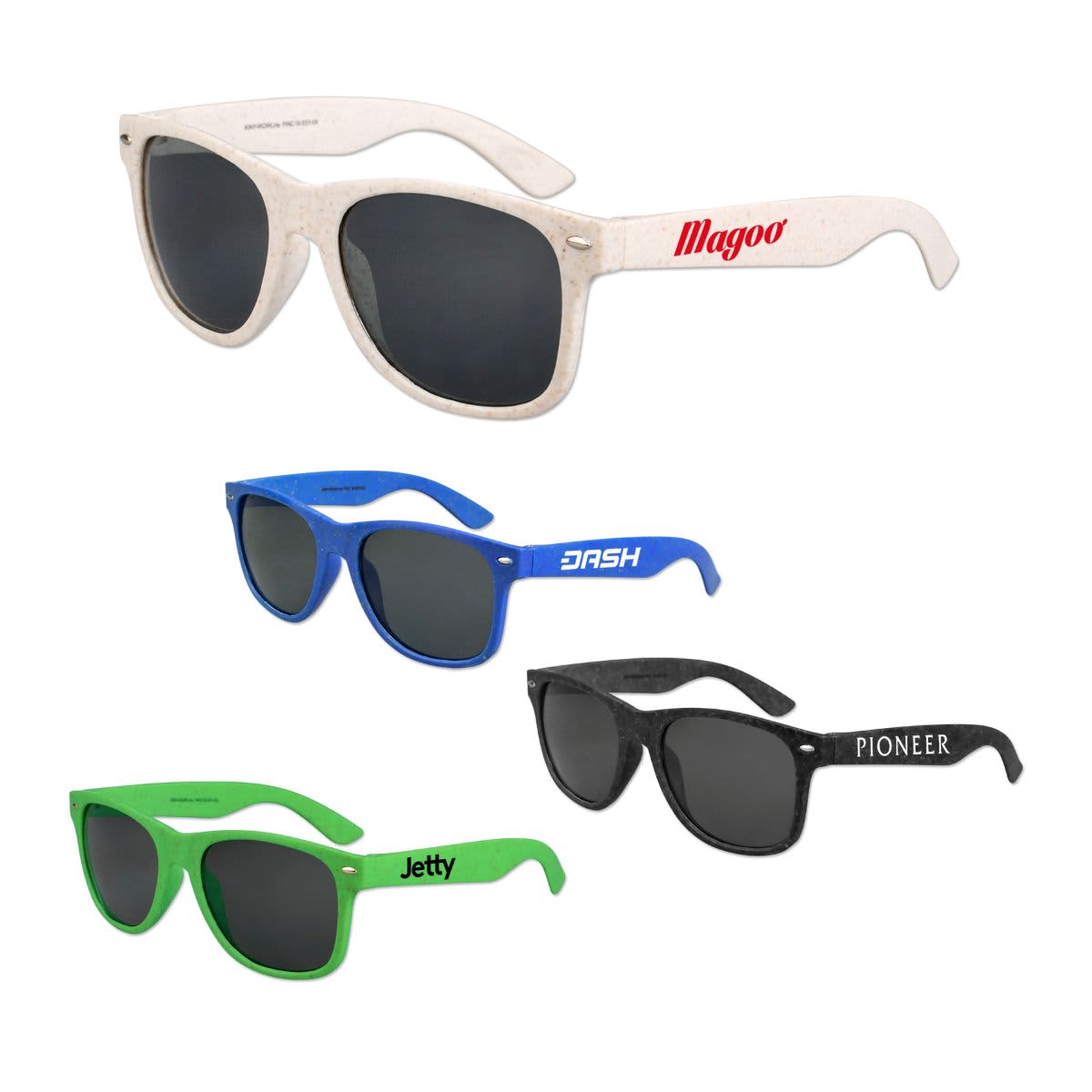 A set of four pairs of sunglasses in black, blue, green, and beige, featuring various logos on the frames.