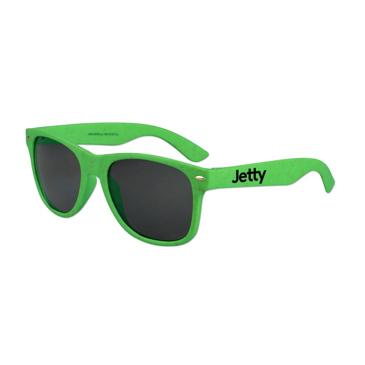 A pair of green sunglasses with black lenses and a logo on the arm.