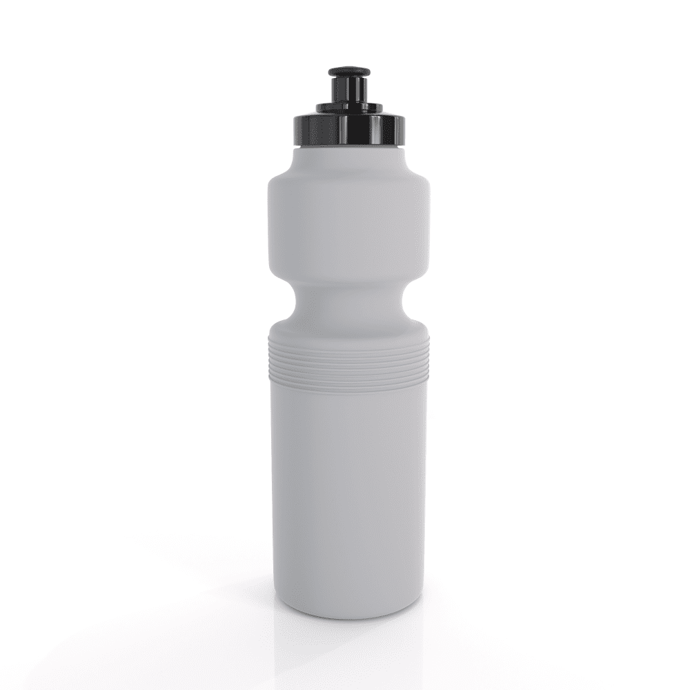 A drink bottle in grey with a black nozzle and textured grip, featuring a logo on the body.