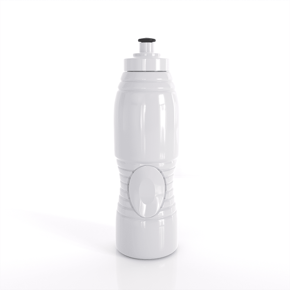 A drink bottle in white, featuring a sleek design and a cap at the top, with a logo present.