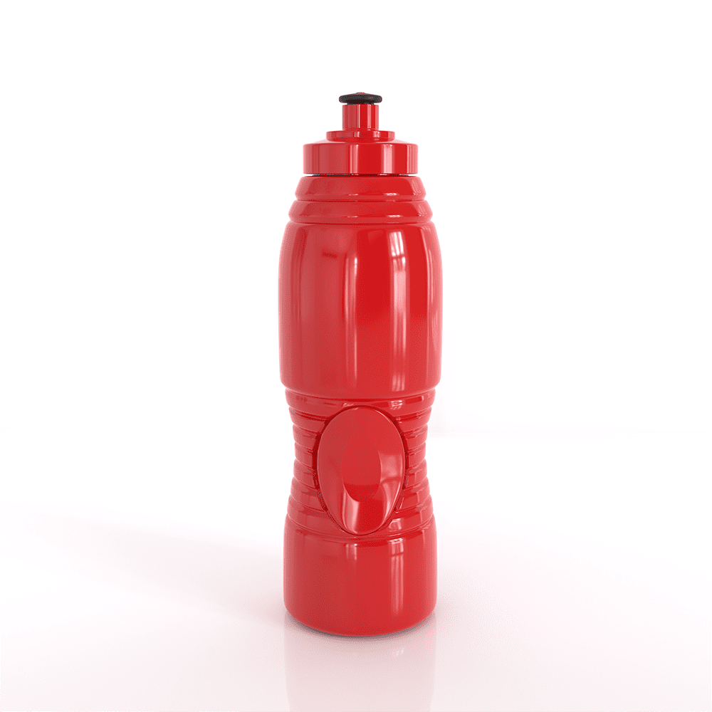 A drink bottle in vibrant red, featuring a textured body and a push cap, with branding on the side.