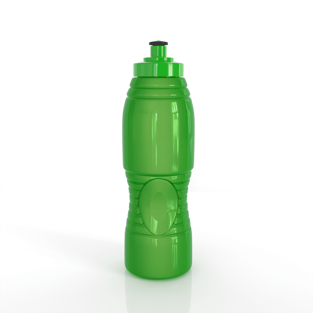A green drink bottle with a textured grip and a lid, featuring a logo on the side.