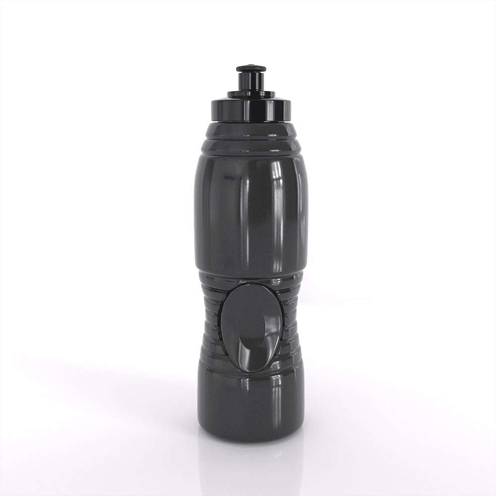 A drink bottle in sleek black, featuring a push-button lid and textured grip, with a logo on its body.