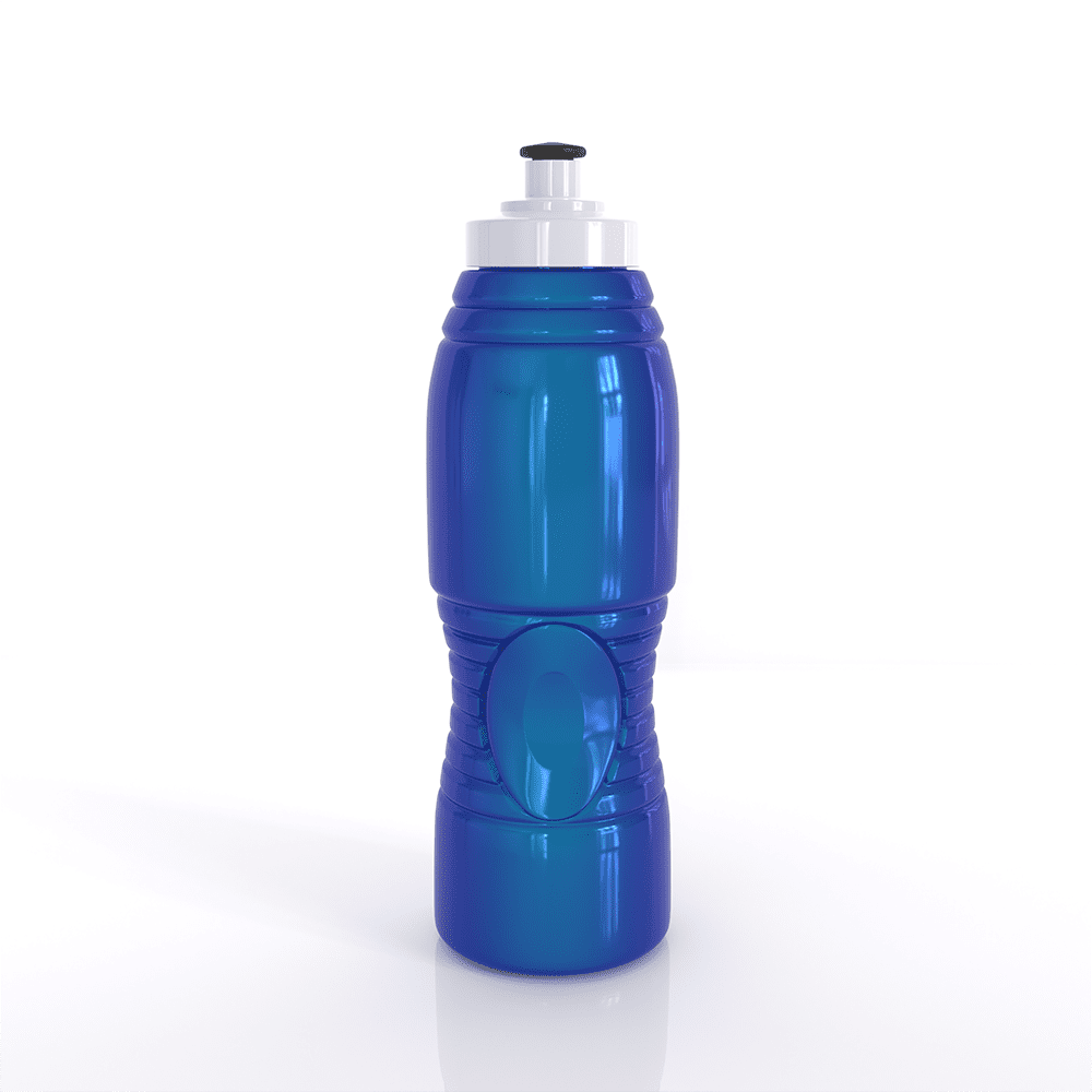 A drink bottle in a vibrant blue colour, featuring a silver lid and a textured grip, with a branding logo.