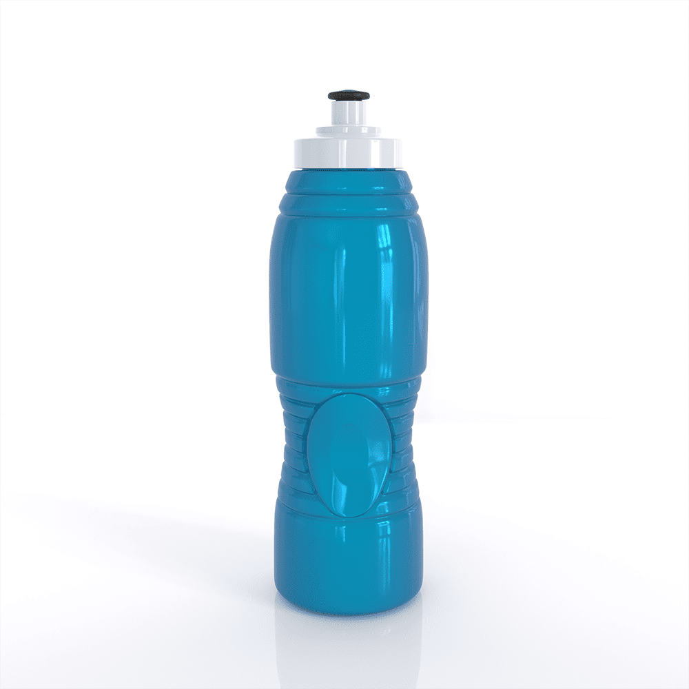 A drink bottle in a vibrant blue colour, featuring a textured grip and a silver cap, along with a logo.