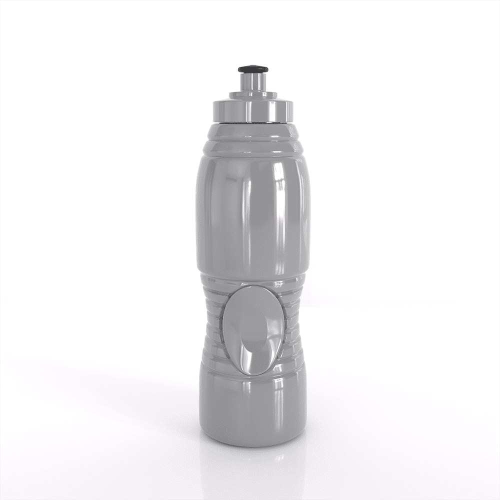 A drink bottle in silver, featuring a textured grip and a black spout, with a logo on its surface.