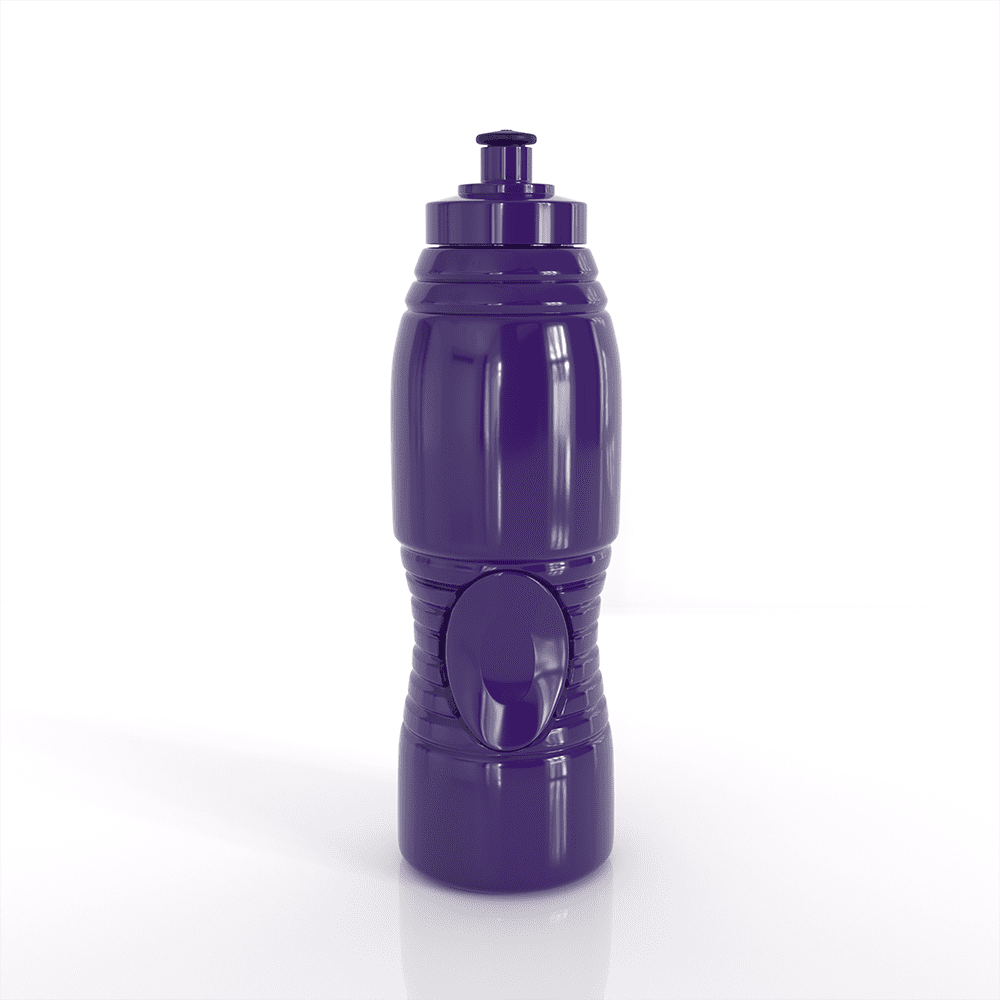 A drink bottle in a sleek purple colour with a textured grip and a flip-top lid. It features a logo.