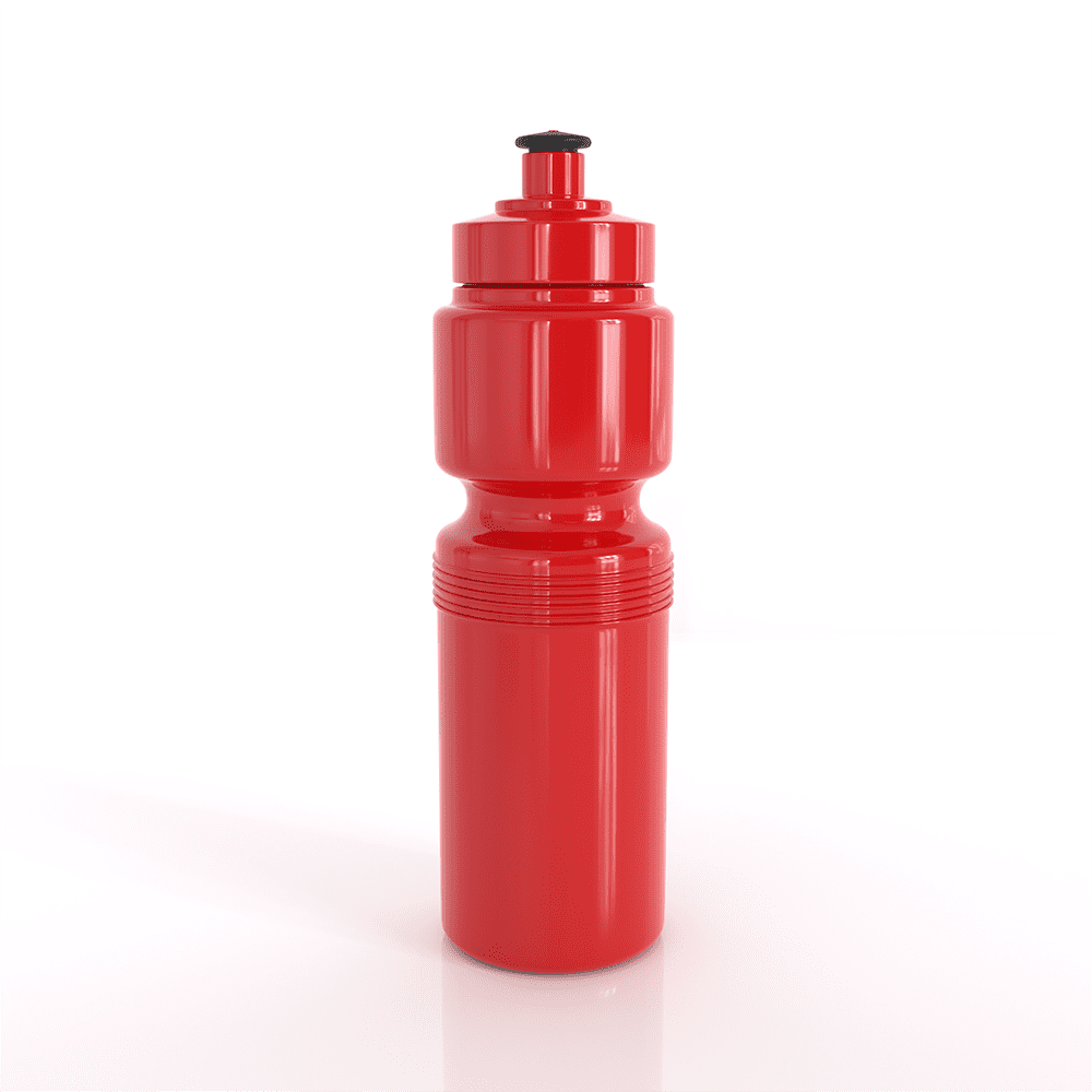 A red drink bottle with a textured grip and a black spout, featuring a logo on its side.