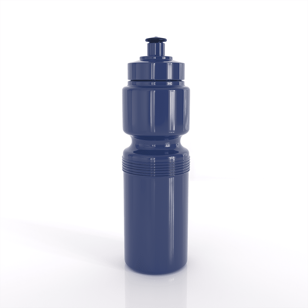 A drink bottle in navy blue, featuring a screw-on lid and a textured grip, with a branding logo.