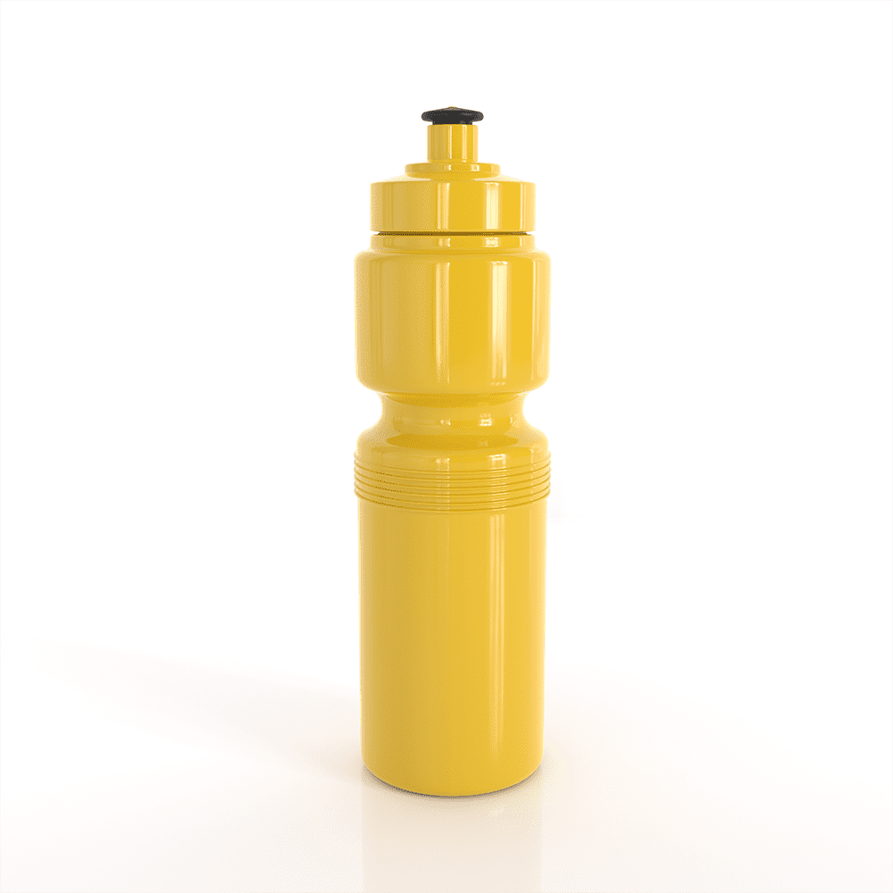 A drink bottle in bright yellow, featuring a sleek design and a black screw cap, with a branding logo.
