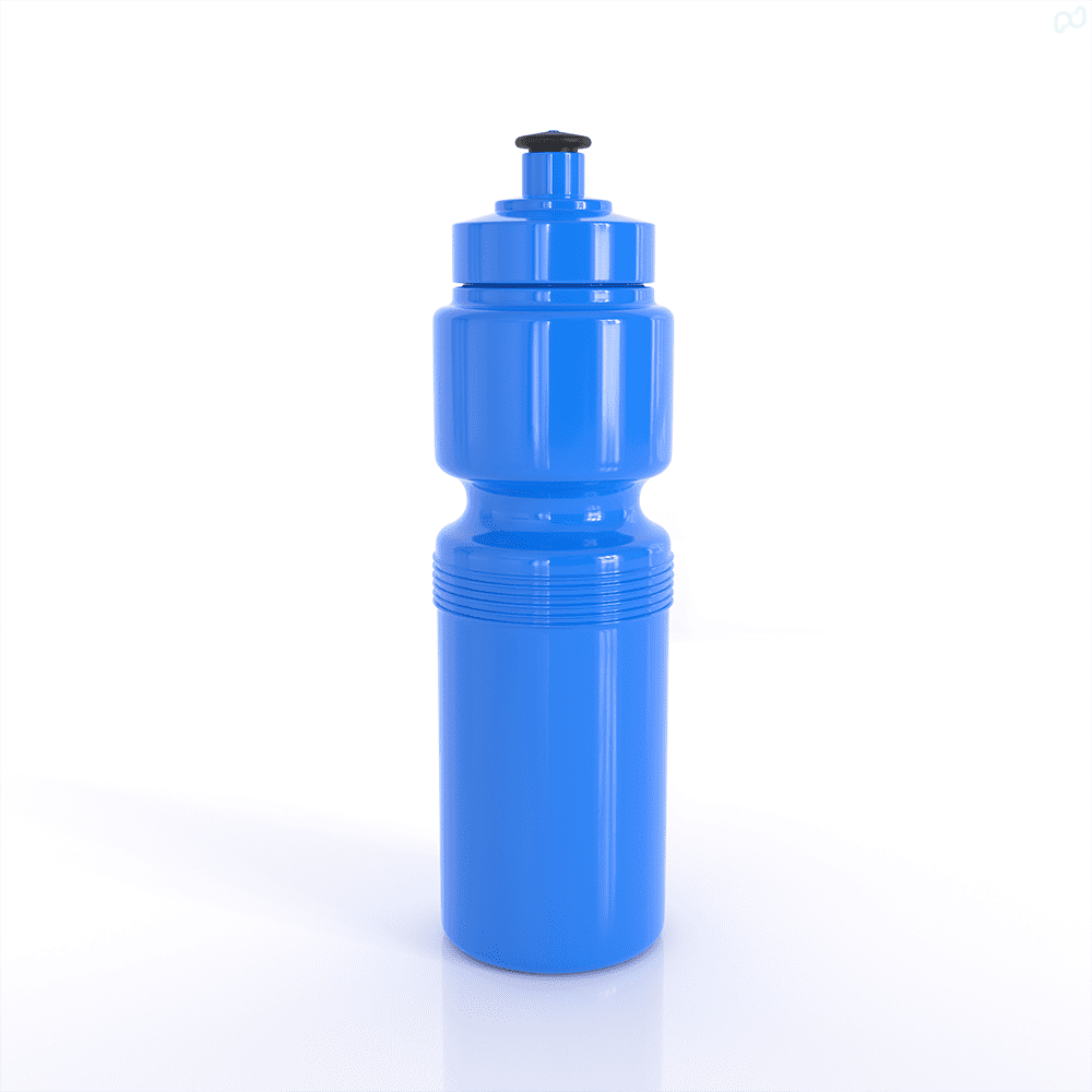 A drink bottle in blue, featuring a screw-top lid and a textured grip, with a logo on its side.